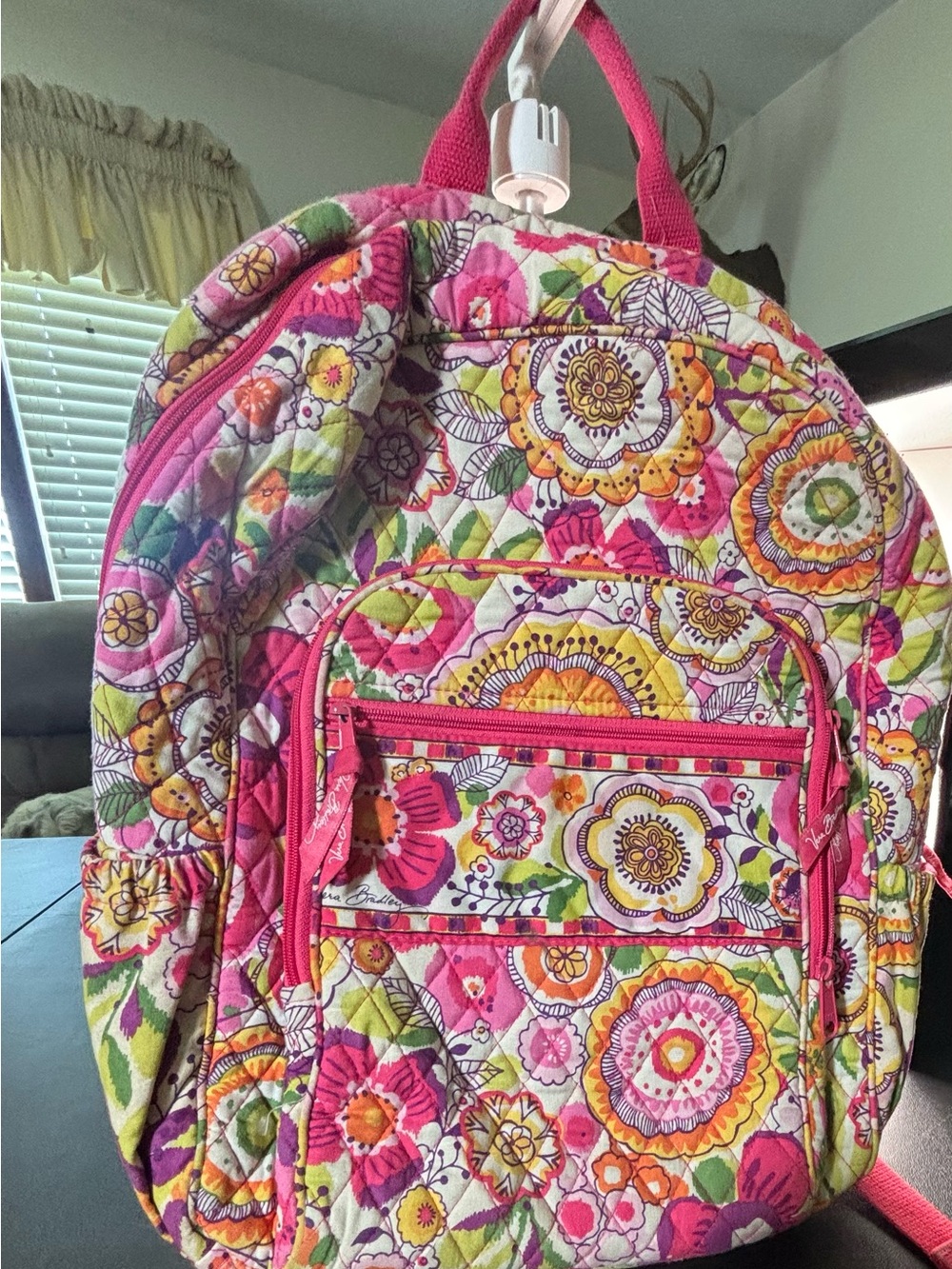 Vera Bradley Pink Floral Quilted Backpack with Yellow & Green Accents